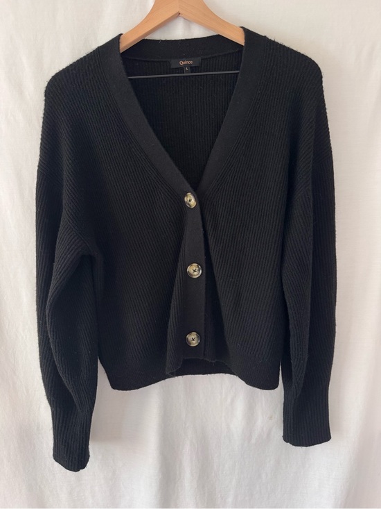 Quince Sweaters - Quince Baby Alpaca Black Ribbed V-Neck Button-Front Cardigan. Layering
